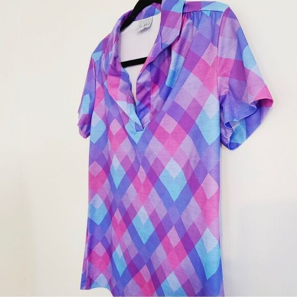 Vintage 70s Argyle Plaid Short Sleeve Blouse Medium Magenta, Bubblegum Pink - Picture 13 of 15